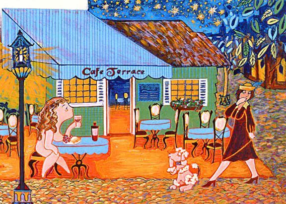 A painting of two women sitting at tables outside of a cafe terrace.