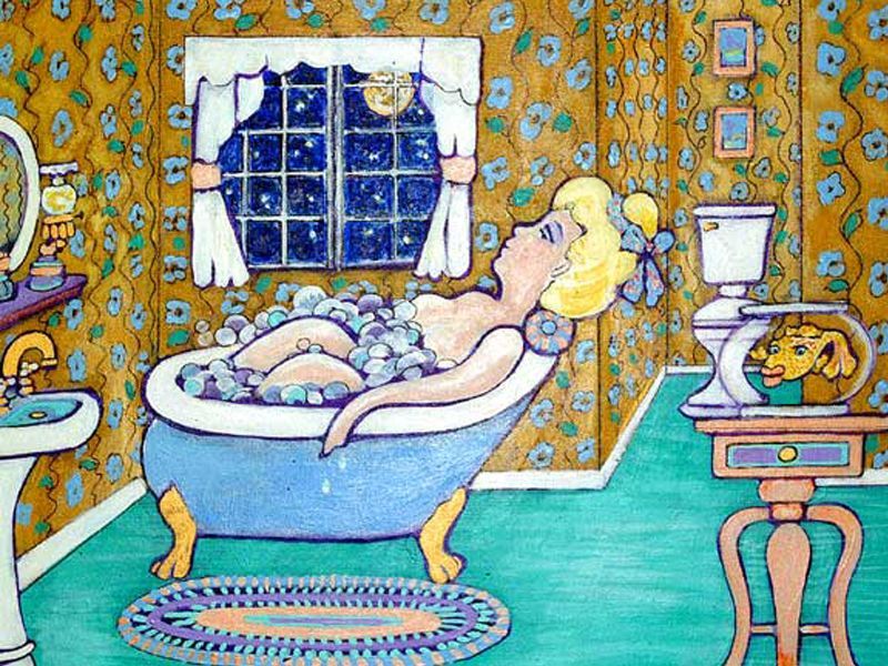 A cartoon of a woman taking a bath in a bathtub