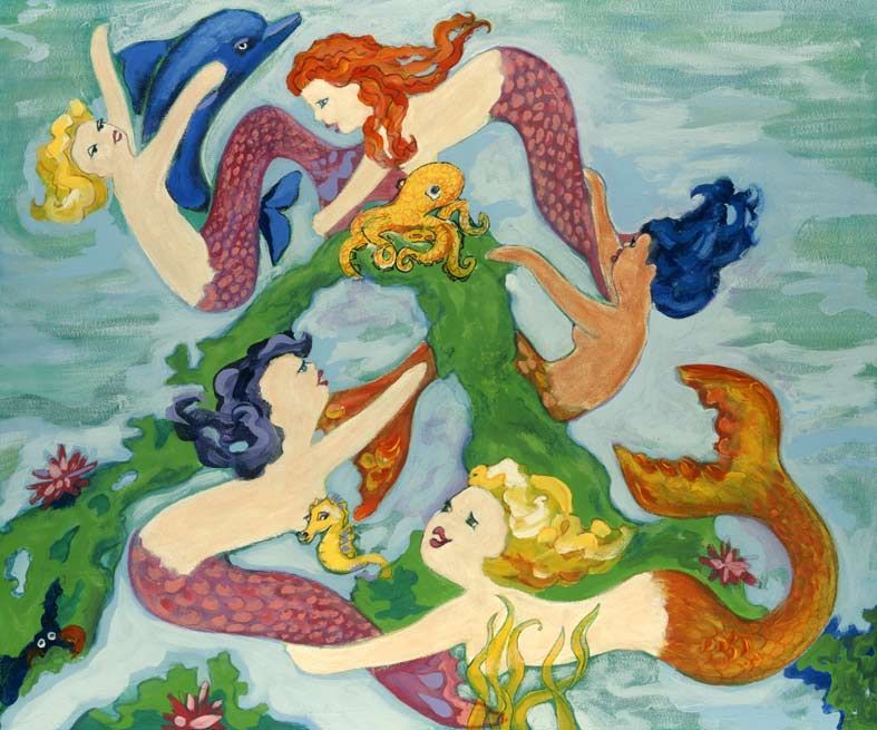 A painting of a group of mermaids and dolphins