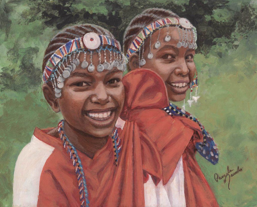 A painting of two girls wearing headbands and smiling