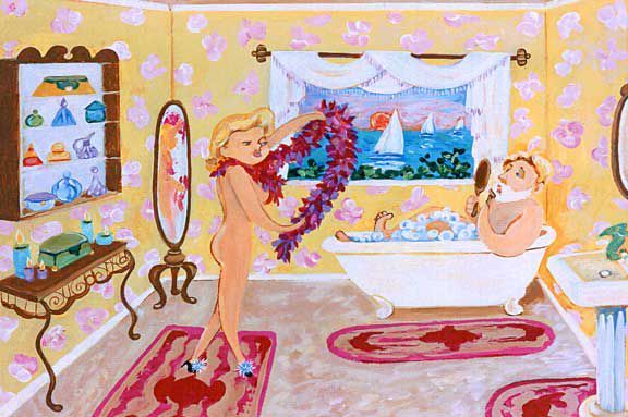 A painting of a couple getting ready for a night out on the town. Husband in bathtub while shaving, woman holding feather boa