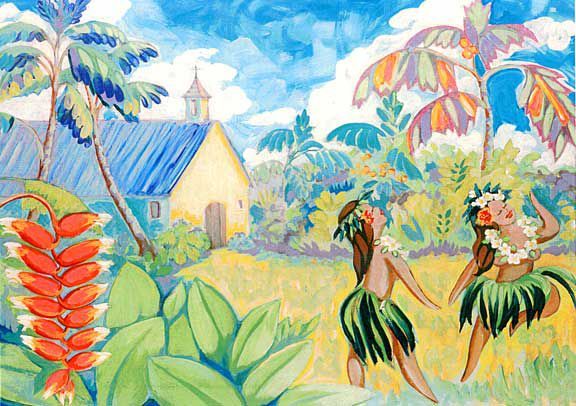 A painting of two hula dancers in front of a church.