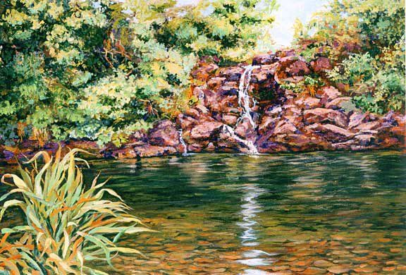 A painting of a waterfall in the middle of a river surrounded by trees.