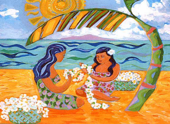 A painting of two women making leis on the beach