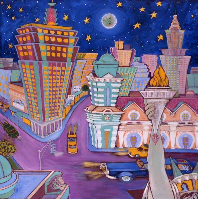 A colorful painting of a city at night