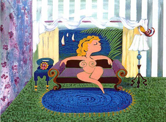 A painting of a nude woman on a purple chaise lounge