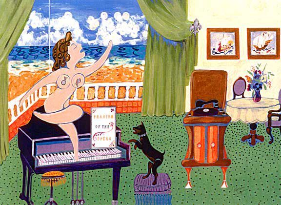 A painting of a woman dancing on a piano with a dog standing next to her