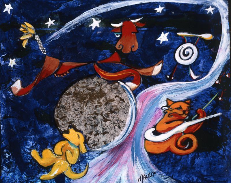 A painting of a dog and a cat and a cow with a swirl in the middle the represents the moon