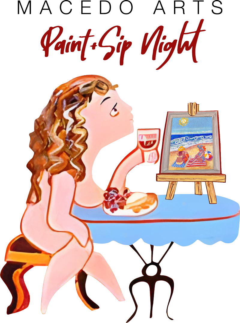 A woman is sitting at a table drinking wine and painting a picture.