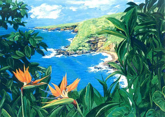 A painting of a beach with flowers in the foreground