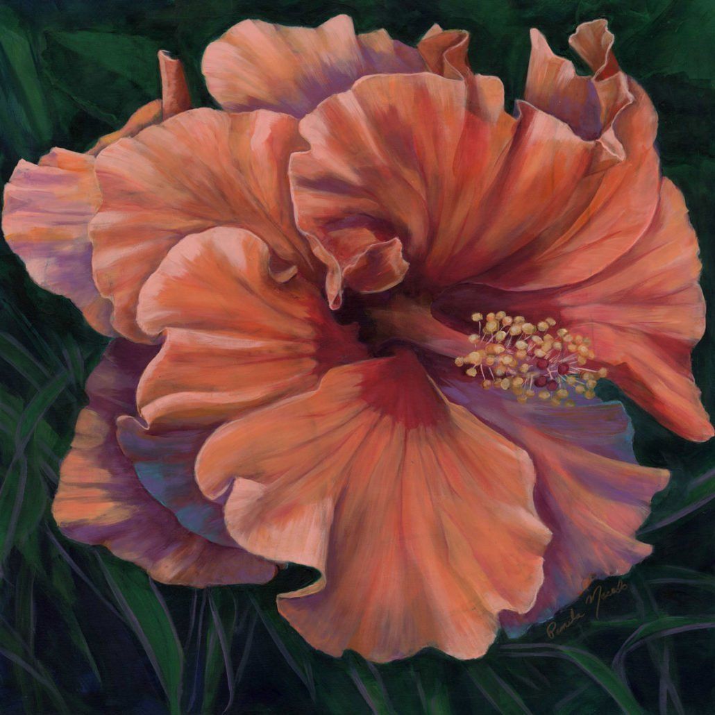 A painting of an orange hibiscus flower with a green background