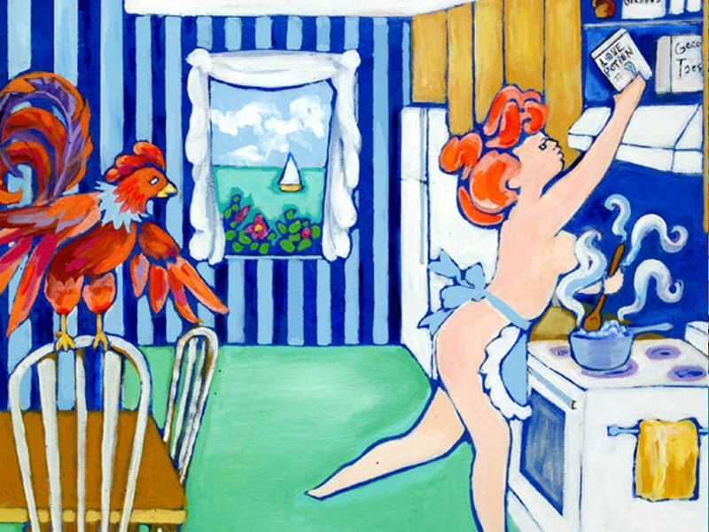 A painting of a naked lady in an apron cooking in a kitchen