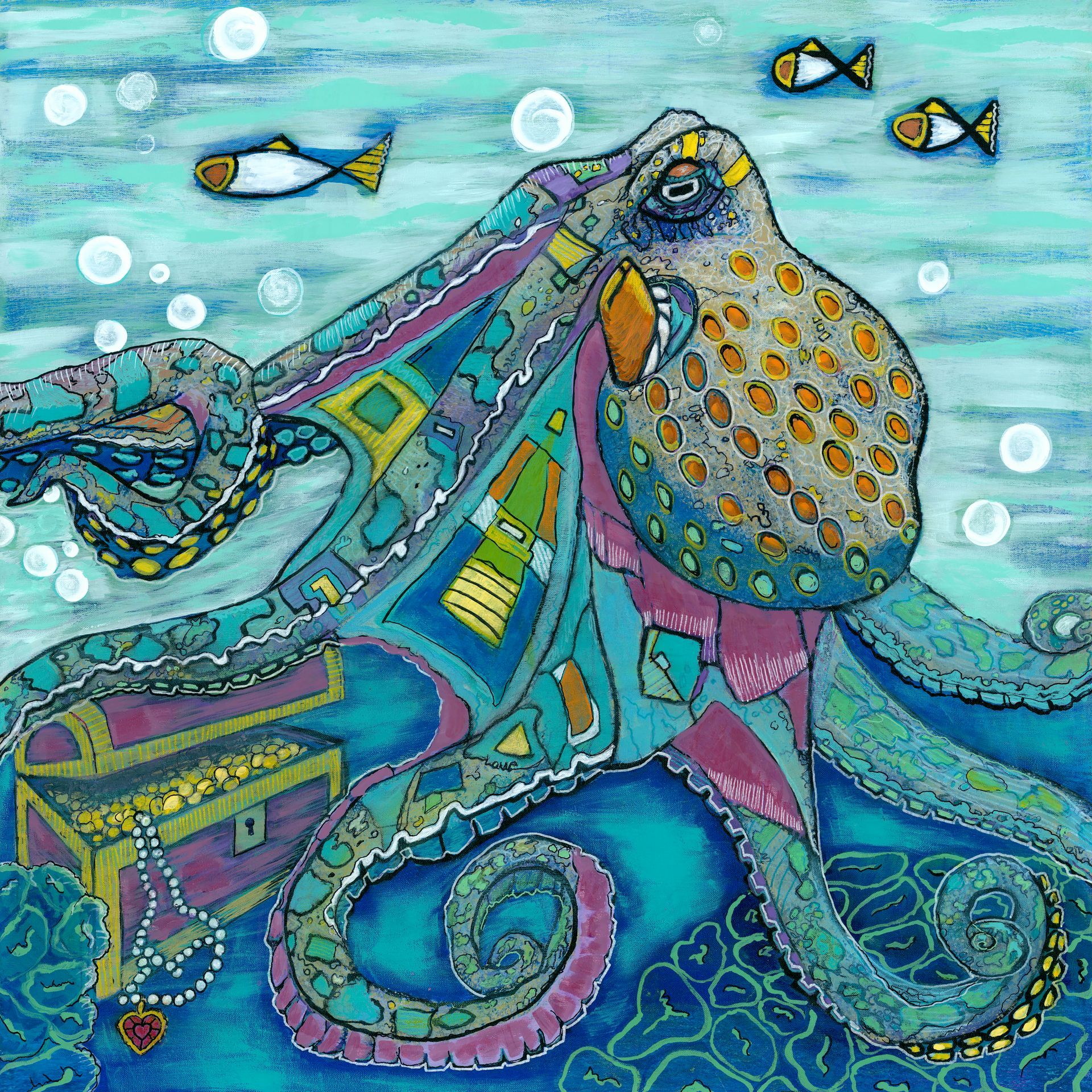 A painting of an octopus guarding a treasure chest in its mouth.