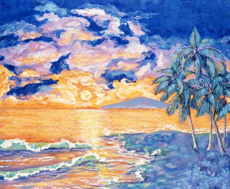 A painting of a sunset over the ocean with palm trees in the foreground