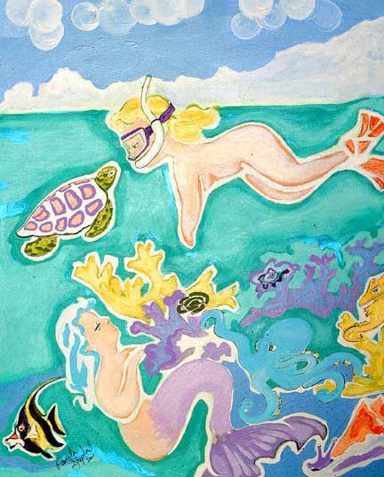 A painting of a mermaid and a turtle in the ocean