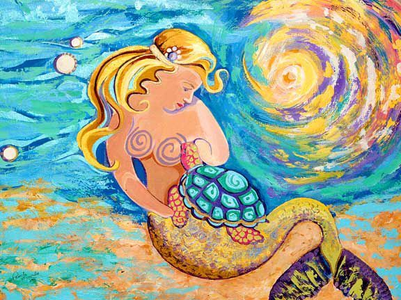 A painting of a mermaid holding a turtle on her back.