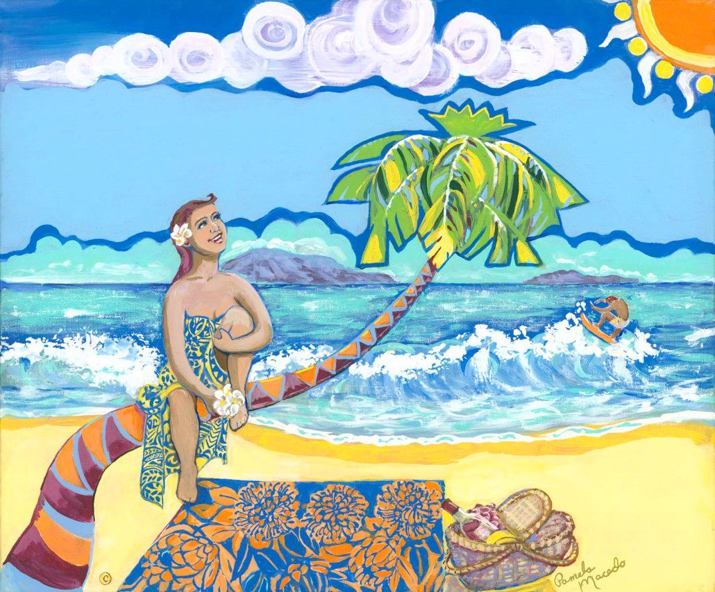 A painting of a woman on a beach with a palm tree in the background