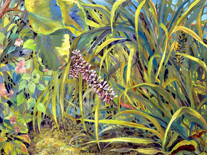 A painting of lush tropical plants and flowers with a hidden ladybug