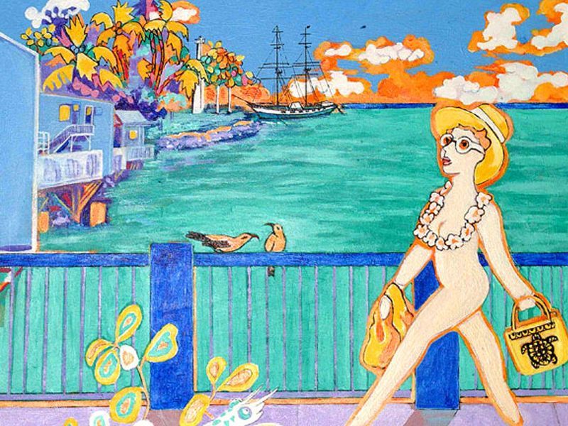 A painting of a nude woman waking down Lahaina's Front Street carrying shopping bags and wearing a hat and a lei