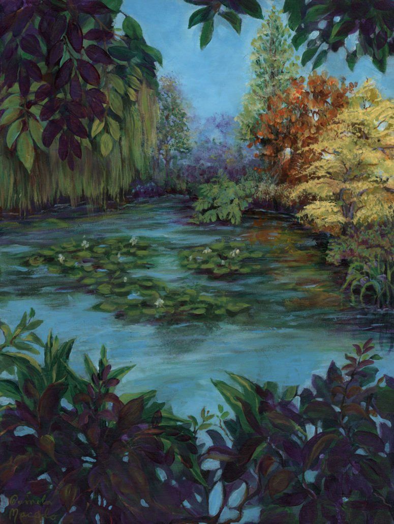 A painting of a pond surrounded by trees and plants.
