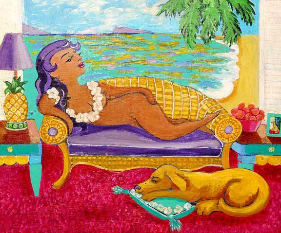 A painting of a woman laying on a couch next to a dog.