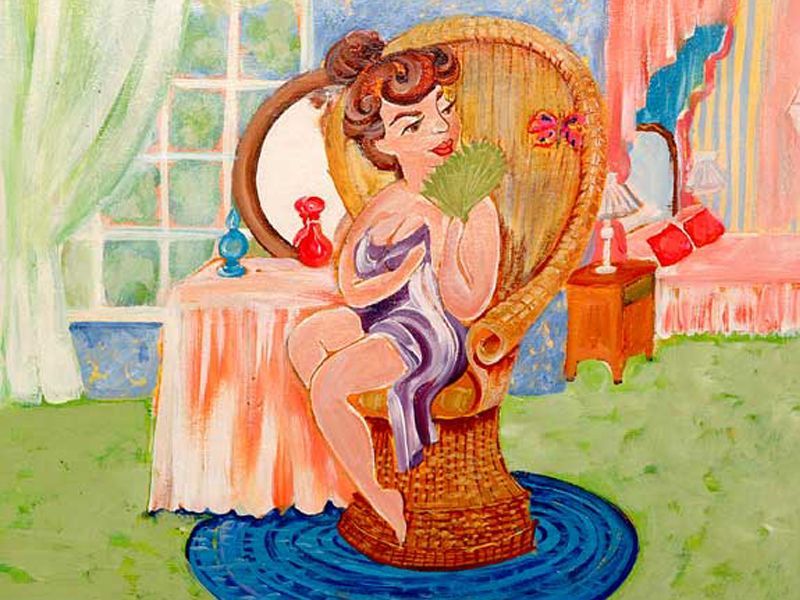 A painting of a woman sitting in a wicker chair holding a fan.
