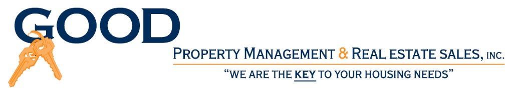Logo for GOOD Property Management & Real Estate Sales, Inc. Blue text, orange keys.