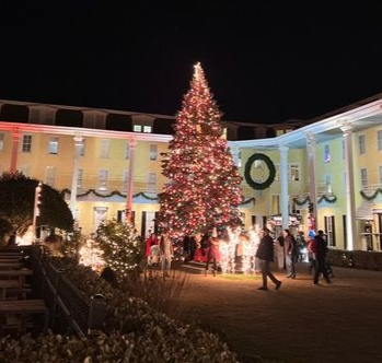 Nighttime scene with a large Christmas tree lit up in front of a brightly lit building with a wreath. People walk around. Cape May NJ