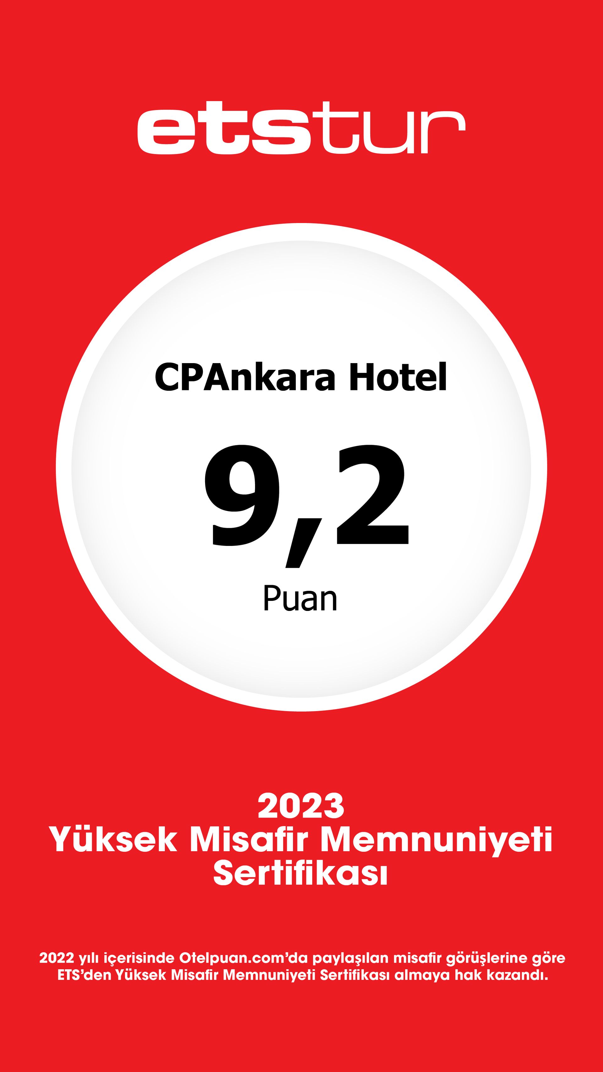 CPAnkara Hotel, etstur 2023 Yüksek Misafir Memnuniyeti Sertifikası