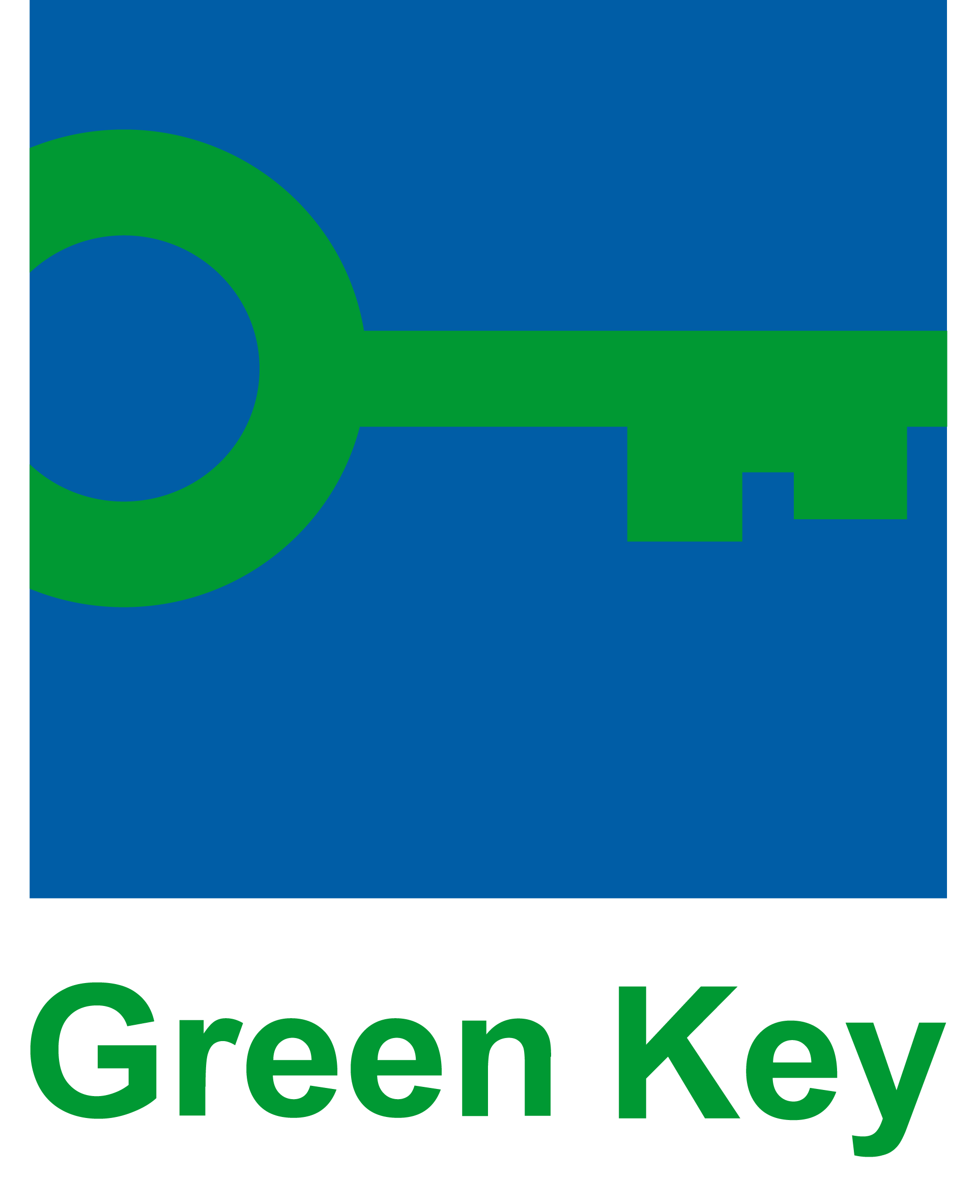 A green key is on a blue background with the words green key below it.