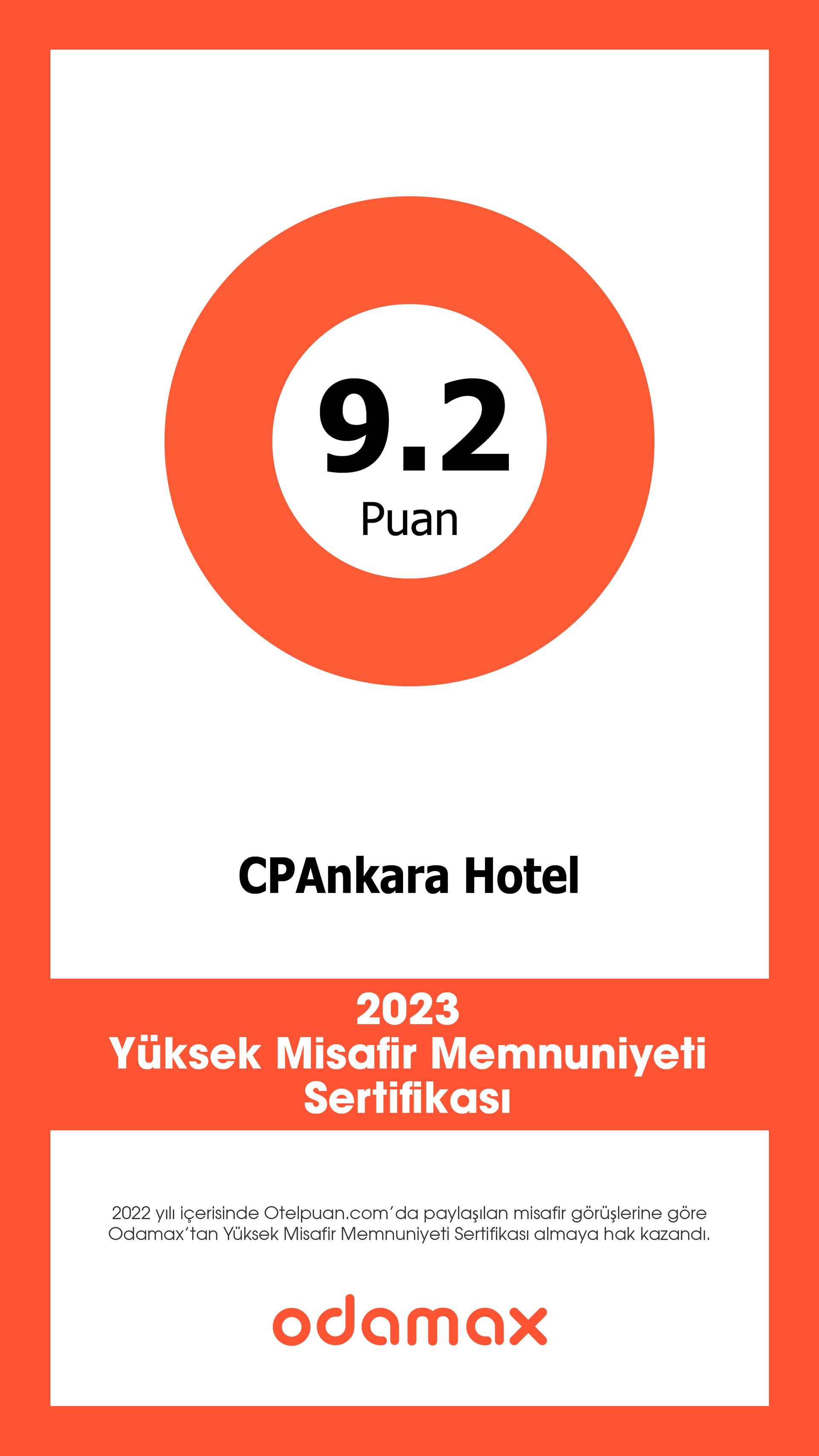 CPAnkara Hotel, odamax 2023 Yüksek Misafir Memnuniyeti Sertifikası