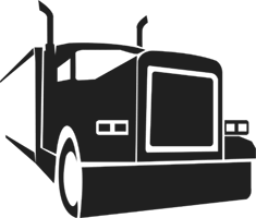 A black and white silhouette of a semi truck on a white background.