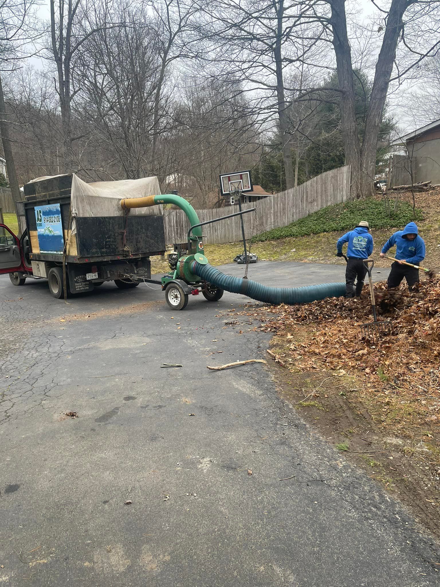 A man is using a vacuum cleaner to remove leaves from a driveway.