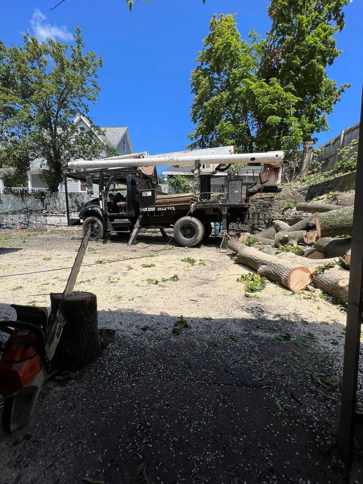 A truck is parked in a dirt lot next to a chainsaw.
