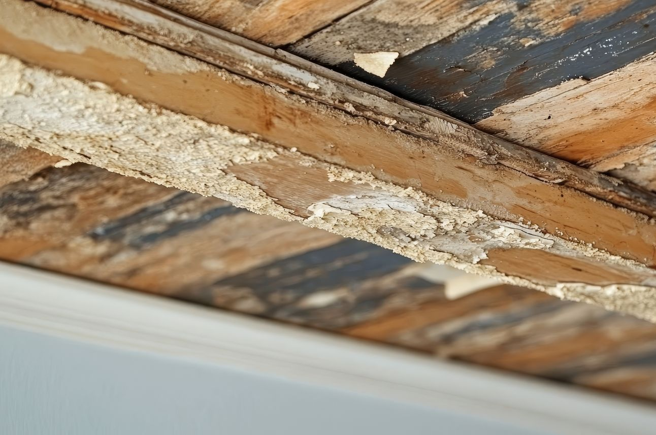 Peeling paint on a wall, stained with brown and black mold. Sunlit, with a hint of green grass.
