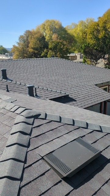 View of dark gray shingled roofs with vents, against a backdrop of autumn trees and blue sky.