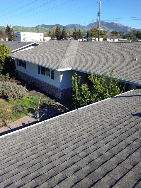 Gray shingled rooftops of a house with blue siding and brick detail, set against a backdrop of green trees and mountains.