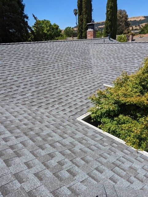 Gray shingle roof on a house with a chimney and lush green trees in the background under a blue sky.