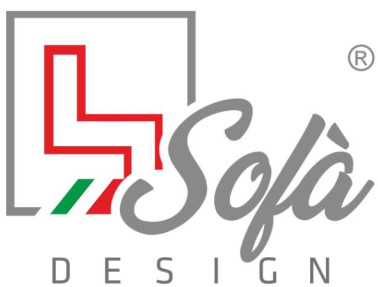 Logo per Sofà Design. Profilo di una sedia rossa, bianca e verde con testo grigio e bordo quadrato. Scritta 