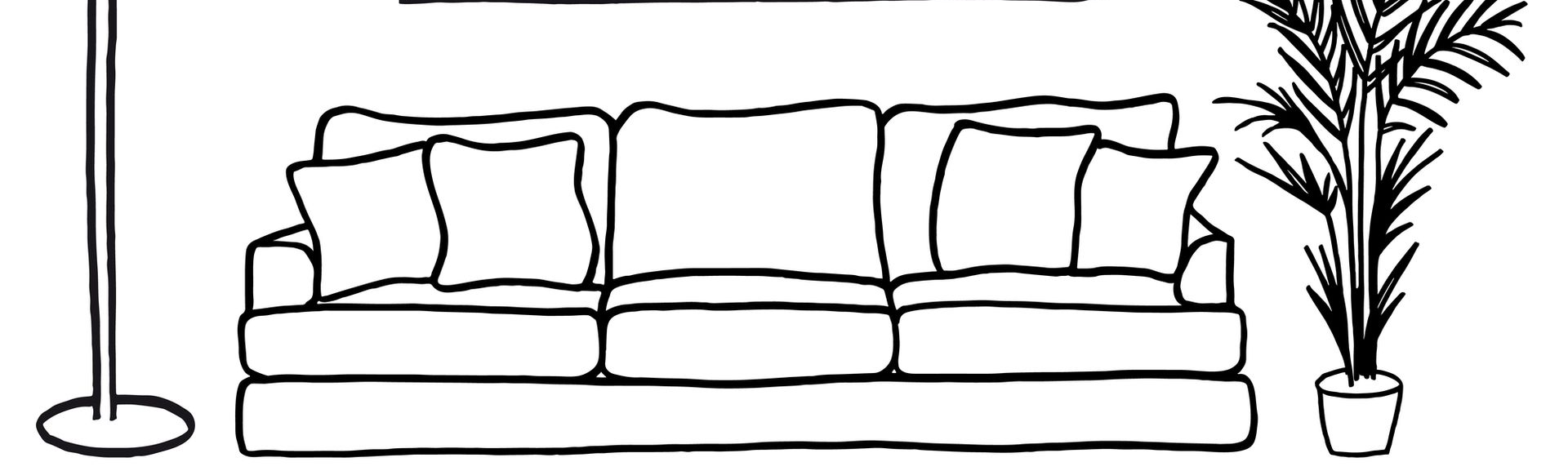 Disegno a tratteggio di un divano con cuscini, una lampada da terra e una palma in vaso.
