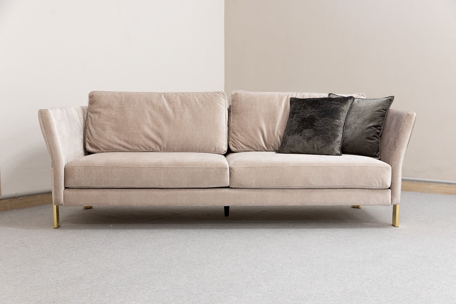 Divano in velluto beige con gambe dorate e due cuscini grigio scuro, in una stanza luminosa.