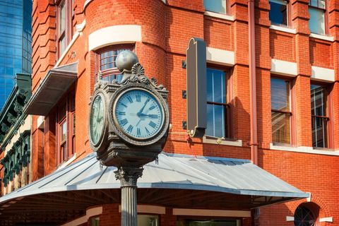 Photo of an ornate street clock in downtown Fort Worth, Texas