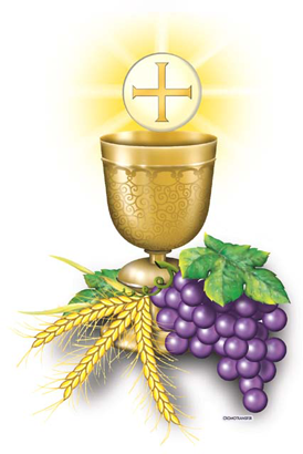 A chalice with a cross on it surrounded by wheat and grapes