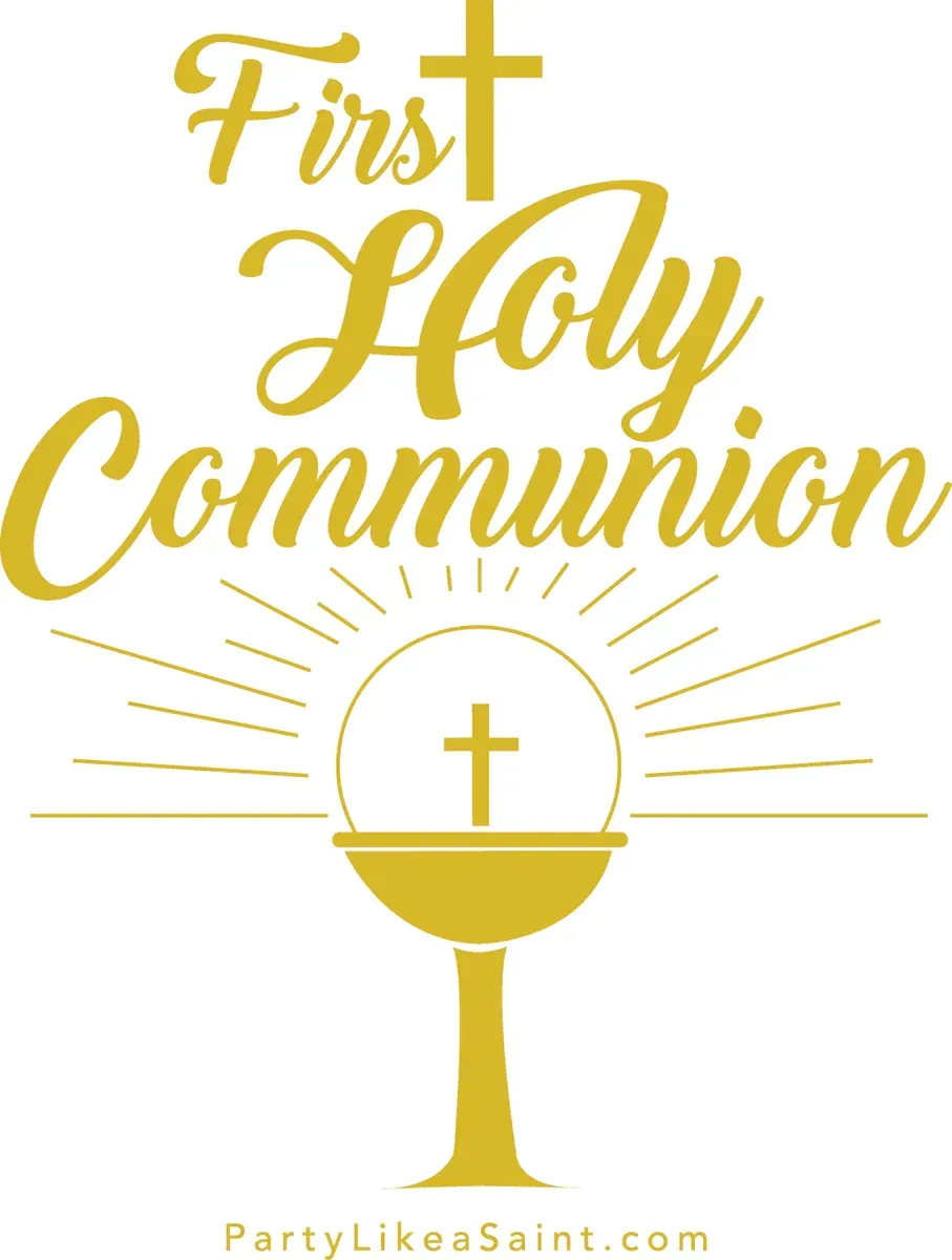 A picture of a chalice with a cross and the words first holy communion