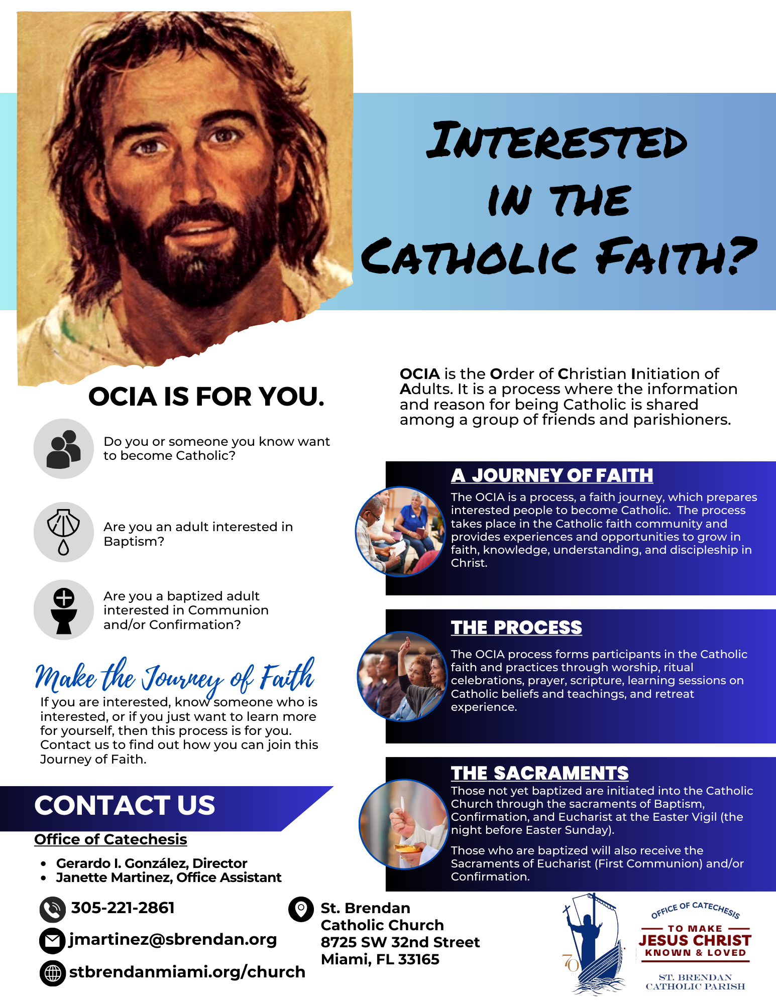 A poster that says interested in the catholic faith