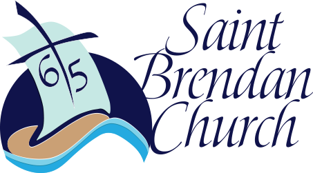 A logo for saint brendan church with a cross and bible