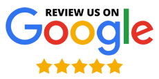 A google logo with five stars and the words review us on google