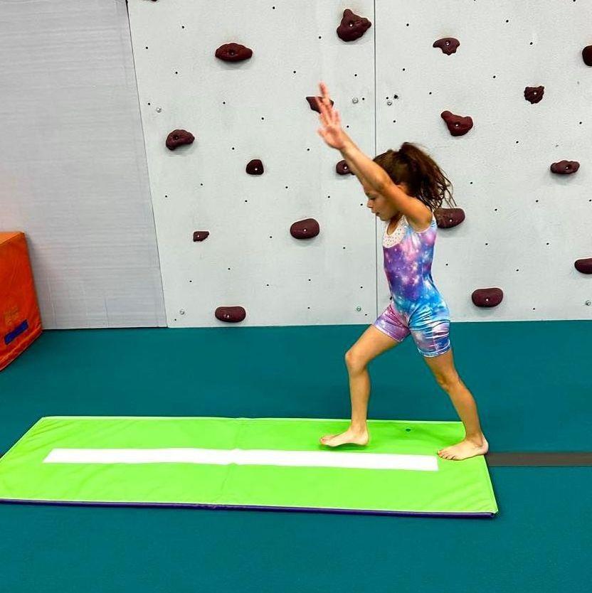 A gymnast in a purple leotard is standing on a balance beam