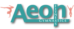 A logo for aeon fitness gymnastics with a gymnast on it