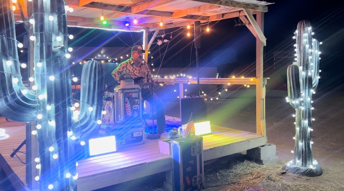 Outdoor pavilion decorated with blue-white string lights and glowing holiday sculptures at night